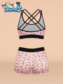 Sanrio 1 Set Sanrio Hello Kitty Printed Cross Back Camisole, 2-In-1 With Built-In Cup Holder, Versatile Casual Inner/Outer Wear, Fitted Sports & Yoga Outfit, Suitable For Spring, Summer, Autumn & Winter