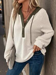 Plus Women's Solid Color With Drawstring Long Sleeved Hooded Sweatshirt Fall Clothes - Màu be - Xem 3