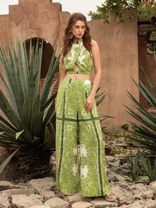 Faeriesty BohoBloom 女士两件套：露背无袖短款上衣搭配飘逸阔腿裤。适合休闲漫步、周末度假、海滩休闲和日常出行。 - 綠色 - 查看 4