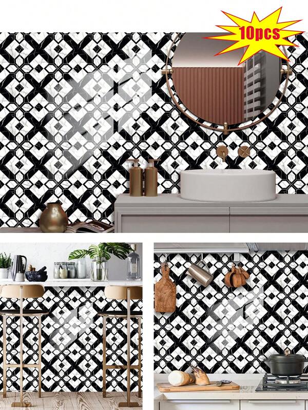 10 Pieces Self-Adhesive Removable Vinyl Tile Wallpaper Kitchen Stickers & Baffles, Home Life Kitchen Wall Protectors, With Modern Black And White Marble Texture Design Room Decoration, Waterproof, Oil-Proof And Easy To Clean, Easy To Tear And Easy To Stick, Easy To Create Kitchen Splashback Wall, Instantly Enhance The Texture Of The Space.