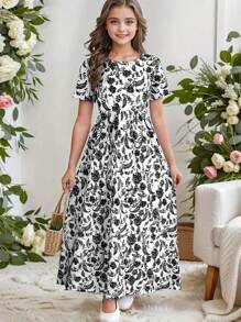 Bohemian Style Paisley Print Short Sleeve Midi Dress, Girls Holiday Casual Dress, Summer Gift - Black - View 2