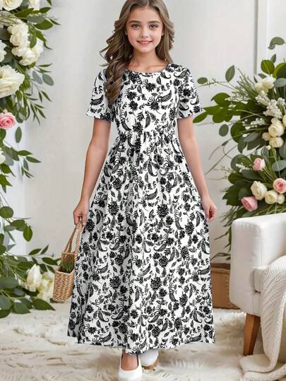 Bohemian Style Paisley Print Short Sleeve Midi Dress, Girls Holiday Casual Dress, Summer Gift