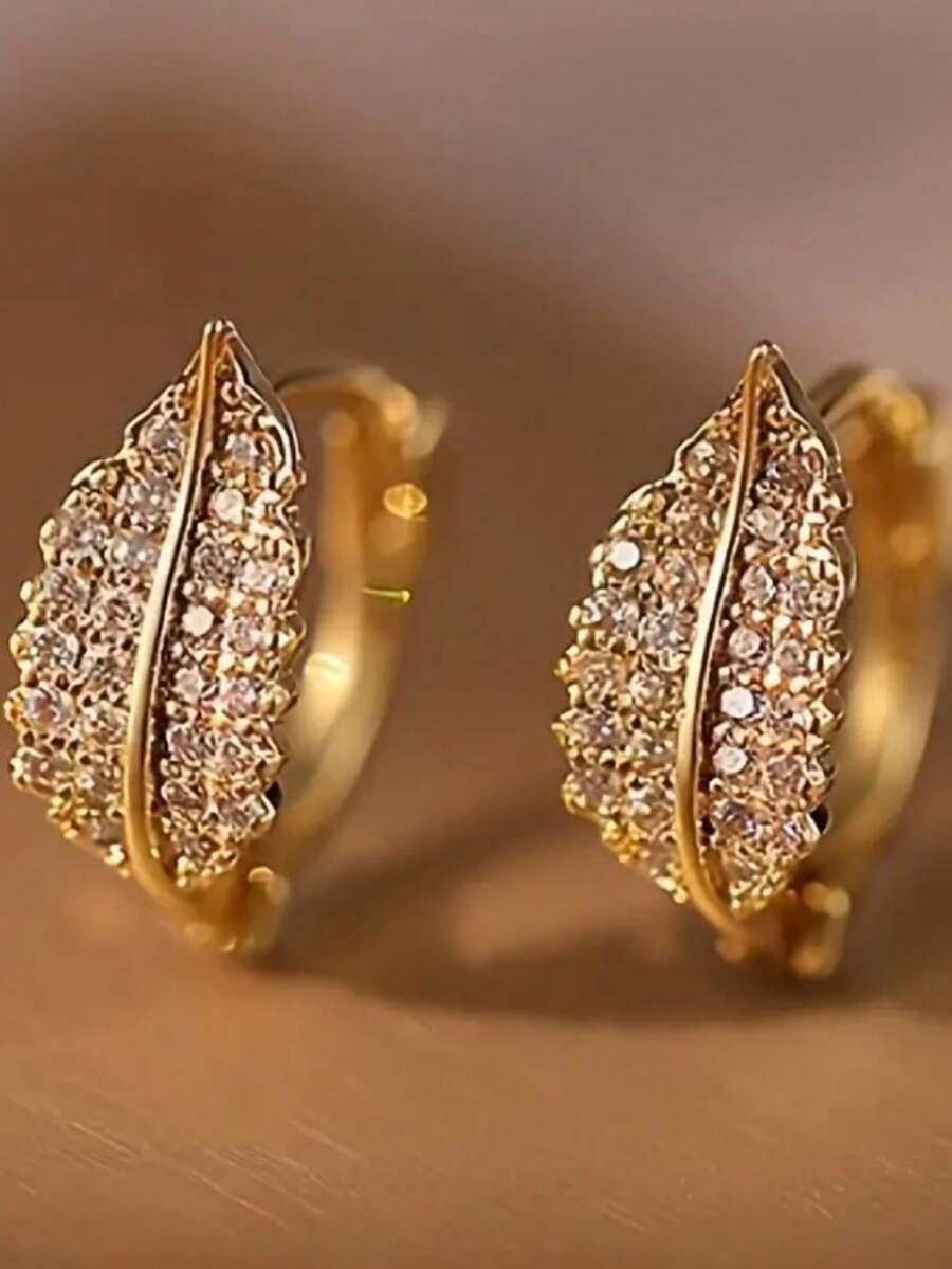 Pair Of Small Leaf Design Hoop Earrings Elegant Vintage Style Jewelry For Women, Lightweight Comfort For Daily Wear & Parties, Birthday Gift For Party Accessories Earrings - 金色 - 查看 1