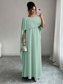 女士优雅纯色长袍连衣裙，适合夏季和秋季穿着 - 薄荷綠 - 查看 7