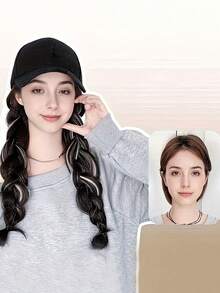 20 英寸波浪卷曲 K 型棒球帽 - 棕黑色，带白茶灰色亮点，高温纤维优雅女士日常穿着、派对和休闲运动装，日常头饰时尚头饰，深波浪假发 - 挑染棕色 - 查看 3