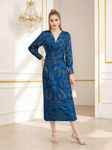Floral Print V Neck Midi Dress For Women - Lightweight Chiffon With A-Line Silhouette  Elastic Waist - Elegant Summer Dress For Party, Date  Daily Wear - 藍色 - 查看 4