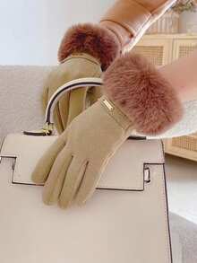 1對開指藏釦鹿皮毛絨暖手套,可觸控屏幕,女性開車時既時尚又保暖