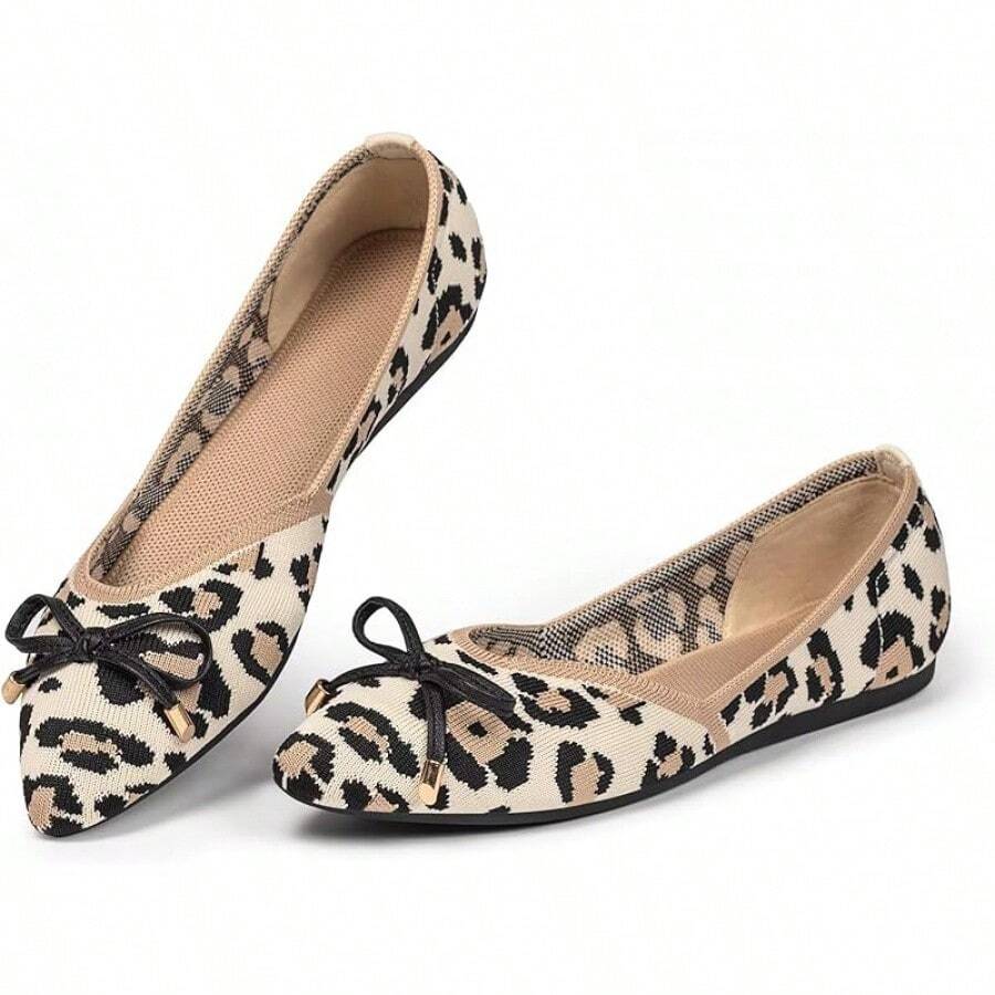 Womens Flat Shoes Classic Pointed Toe Flats Knitted Dress Shoes Soft Comfortable Dressy Flats Women - 豹紋和蝴蝶結 - 查看 1