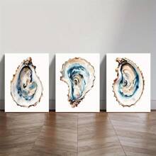 3 件套海岸牡蛎壳帆布艺术套装 - 现代水彩画，蓝色和棕色色调，适用于海滩别墅、厨房、客厅装饰 - 多功能室内/室外墙壁艺术、海洋主题装饰，无框架