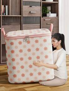 1pc Bohemian Floral Print Foldable Storage Box With Zipper Closure, Large Capacity Polyester Material, Suitable For Clothes, Quilts, Dorm Room And Closet Organization - Multicolor - View 3