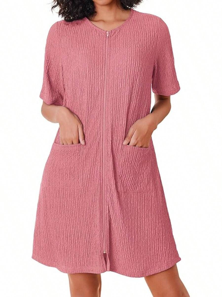 Women Zipper Robes Knit Short Bathrobe Lightweight House Coat With Pockets Soft Nightgown S-XXL - 珊瑚 - 查看 1