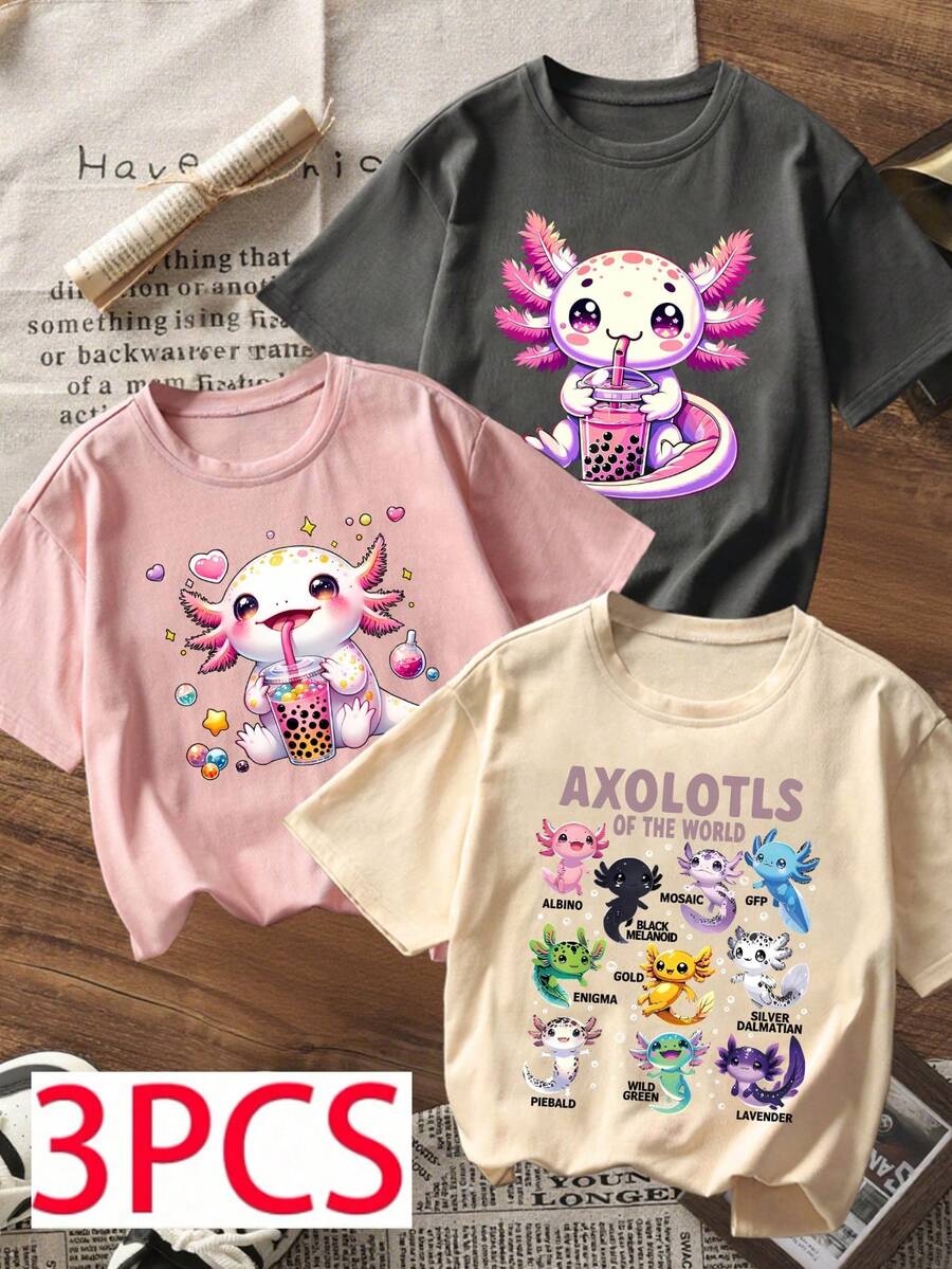 3pcs Tween Girls Axolotl Cartoon Print Casual Short Sleeve T-Shirts, Young Student Summer Tops Kids Love - Multicolor - View 1