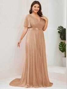 Vestido de verano elegante de manga corta con cuello en V y cola larga para talla grande, vestido de dama de honor, vestido de madre de la novia para fiesta de boda primaveral - Oro rosa - Ver 4