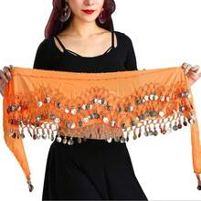 Chiffon Belly Dance Hip Scarf With 128 Coins For Yoga Class - Orange - View 4