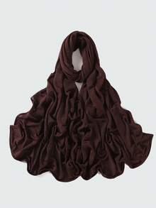 1条女士纯色褶皱休闲围巾，弹力透气针织小长围巾，可作头巾、披肩，保暖防晒，适合搭配连衣裙