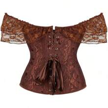 Women Corset Top With Lace Sleeve Lace Up Bustier Lingerie Waist Trainer Costume Tops - 棕色 - 查看 2