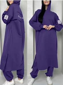 从春季到夏季，这款女士连帽针织套装优雅百搭，休闲运动风两件套春季穿搭，嘉年华长款卫衣简约套装，袖子印花，后背贴片装饰。 - 紫色 - 查看 3
