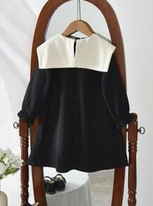 Rochie de fete tinere, cu mâneci lungi și rever blocat în culori, stil dulce și drăguț, potrivită pentru purtare toamnă-primăvară