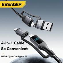ESSAGER 4 In 1 Fast Charging Cable USB Type C To Type C 480Mbps For Phone Digital Display Aluminum Alloy Braided Cable Compatible With IPhone, Android, Camera, MP3 Universal Adapter Charger