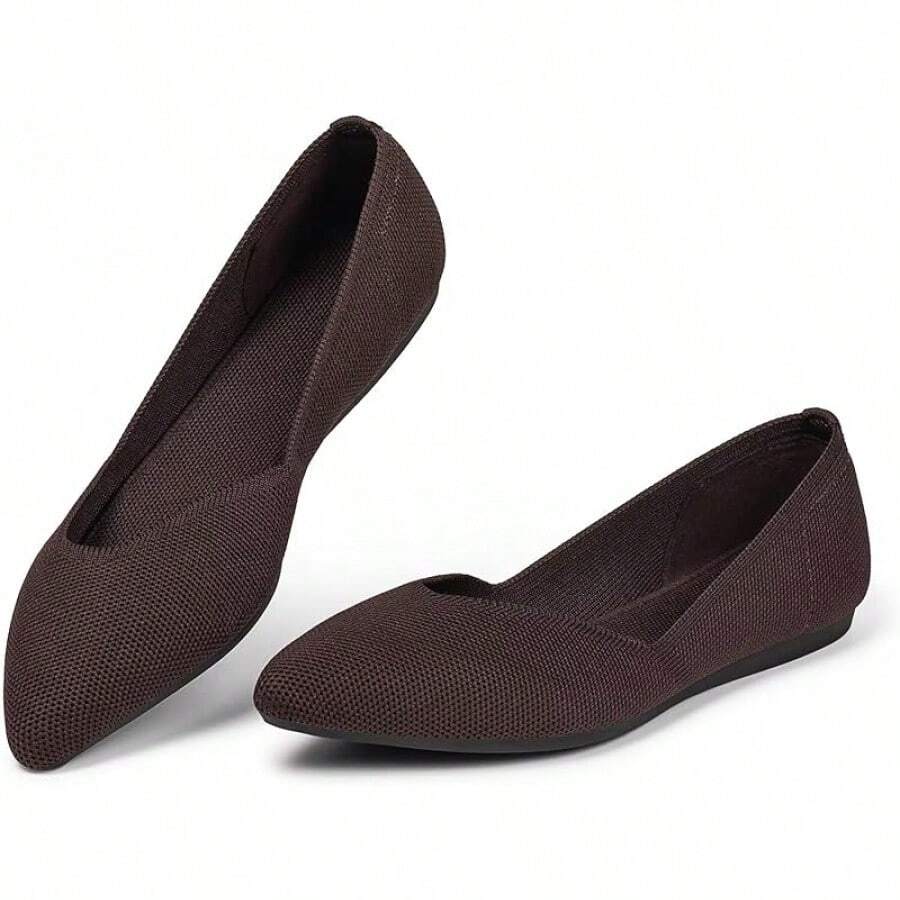 Womens Flat Shoes Classic Pointed Toe Flats Knitted Dress Shoes Soft Comfortable Dressy Flats Women - 6042咖啡 - 查看 1