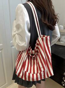 Bolso de lona a rayas retro elegante, de gran capacidad, espacioso y versátil, ideal para el trabajo, la escuela o salir, bolso escolar, bolso de lona, bolso de playa, bolso de compras [Colocación aleatoria de colores a rayas verticales]