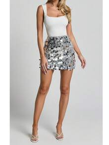 Beauace Sequined Metallic Mini Skirt, High Waist Bodycon Style,Party Evening Wear - Silver - View 2