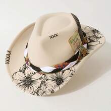 Floral Print Cowgirl Hat For Women Men Feather Belt Decor Wide Brim Felt Western Cap For Party - 米色 - 查看 2