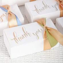 10 pièces Boîte de faveur de mariage imprimée "Thank You" avec nœud en ruban de satin coloré. Boîte cadeau en papier élégante avec estampage blanc et or pour douche de mariée, réception de mariage, fête d'anniversaire, cadeaux pour les invités et décorations de table - Boîte rectangulaire - Voir 2