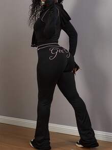 Bộ đồ thể thao nữ FQLWL phong cách đường phố thường ngày, áo hoodie in họa tiết có khóa kéo và quần dài, bộ 2 mảnh tay dài màu đen mùa xuân. - màu đen - Xem 3