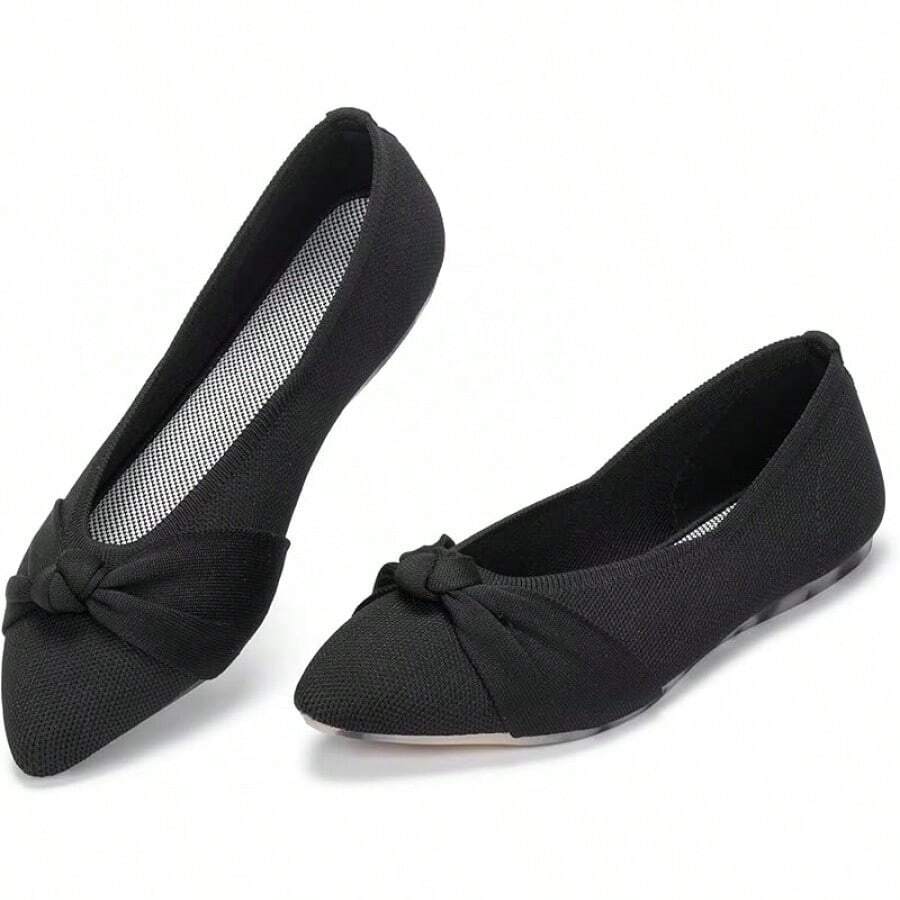 Womens Flat Shoes Classic Pointed Toe Flats Knitted Dress Shoes Soft Comfortable Dressy Flats Women - 黑色/蝴蝶結 - 查看 1