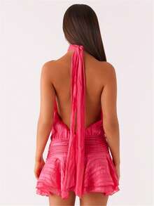 Women's Pleated Waist Sheer Mesh Ruffle Mini Dress Summer Casual Halter Neck High Neck Bodycon Short Dress Self-Tie Backless Sundress Party Clubwear - 玫紅色 - 查看 6