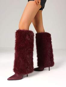 Women's Y2K Furry Fluffy Fold Over Knee High Boots Fashion Pointed Toe Stiletto High Heels Sexy Elegant Faux Fur Long Boots Woman - Màu Đỏ Sâu - Xem 6