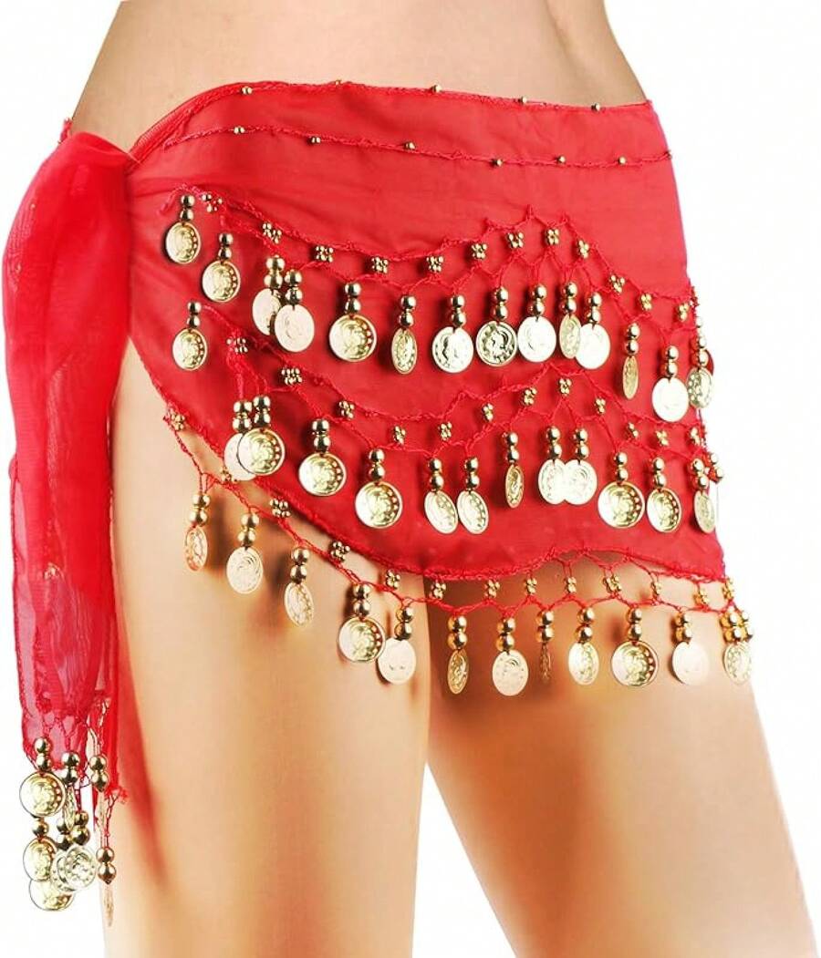 Chiffon Belly Dance Hip Scarf With 128 Coins For Yoga Class - Red - View 1