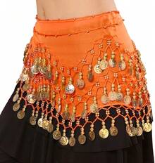Chiffon Belly Dance Hip Scarf With 128 Coins For Yoga Class - Orange - View 3