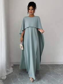 女士优雅纯色长袍连衣裙，适合夏季和秋季穿着 - 淺藍色 - 查看 6