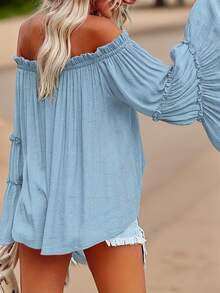 Plus Size Women's Solid Color Off Shoulder Flare Sleeve Blouse Spring - Baby Blue - View 3