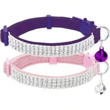 EXPAWLORER Soft Velvet  Collars Girl Cats -2 Pack Rhinestones Bling Diamante Adjustable Collars Breakaway- Chirstmas Clollar Gifts With Bells Boy Cats And Small Dogs - 粉紅色+紫色 - 查看 10