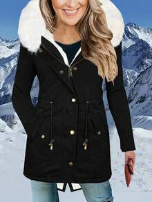 女士冬季外套长袖仿皮草连帽纽扣长外套秋季休闲羊毛衬里保暖夹克黑色 - 深黑色 - 查看 3