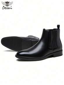 DESAI Men's Low Heel Ankle Boots, Chelsea Style, Retro British Wind, Leather Boots, Business Shoes, Boots - Black - View 5