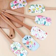 1 Stück Silikonspatel mit Blumenmuster, abnehmbarer Holzgriff, Küchenbackwerkzeug, Kochutensilie für Zuhause