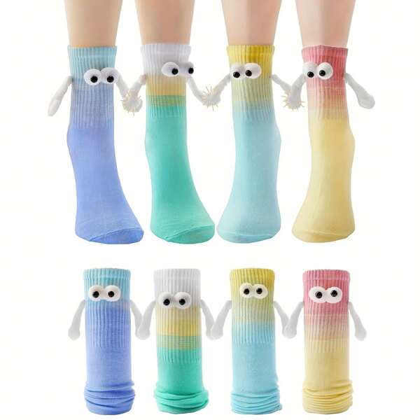 2 Pairs Of Gradient Color Couple Girlfriends Holding Hands Socks Cute Cartoon Eyeball Funny Magnetic Casual Socks Warm Mid-Tube Socks