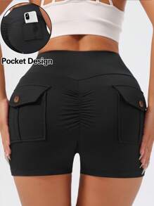 Pantalones cortos deportivos de cintura alta tipo cargo para mujer, leggings de compresión con pliegues y bolsillos con solapa que levantan el trasero