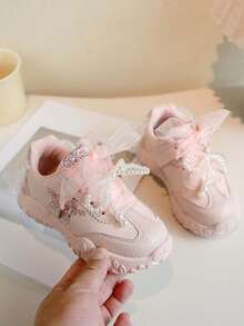 1 Par de Sapatos Esportivos para Meninas com Sola Macia, Antiderrapante, Perolizado, Estampa de Estrela, Sapatos Esportivos Fofos e de Moda para Uso Externo, Adequados para Todas as Estações