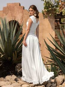 Faeriesty BohoBloom Lace Trim 2 Pieces Set: Sleeveless Cardigan Top And Flowing Midi Skirt - Essential Vacation Outfit (Beach, Garden Party, Holiday Wear) - White - View 2