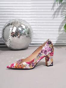 大码女式时尚优雅香槟色印花舒适粗跟高跟鞋，适合秋冬季穿着 - 玫紅色 - 查看 3