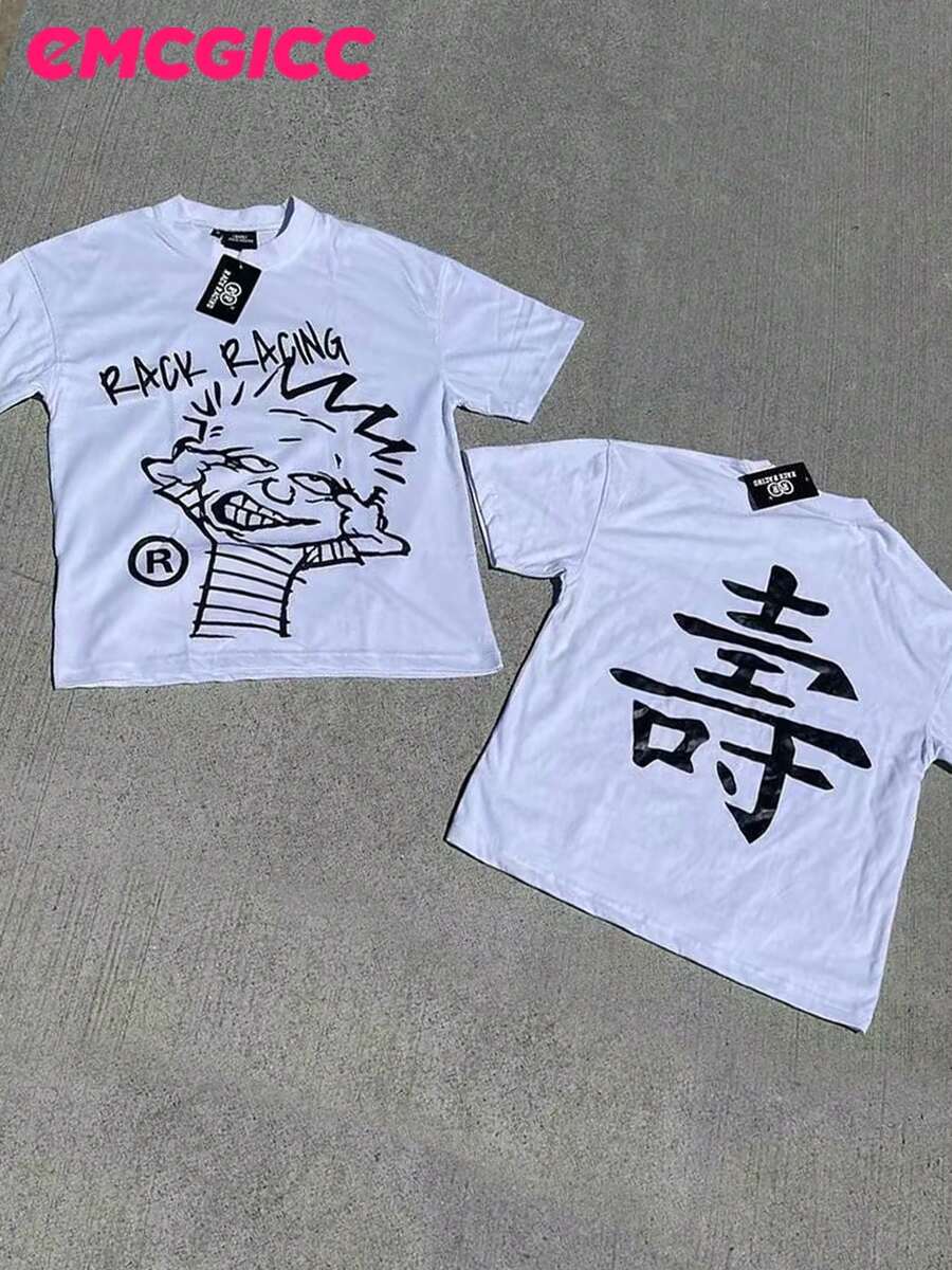 EMCGICC Y2k,RACK RACING,Men's Summer Short Sleeved Pure Cotton Comfortable And Breathable Casual Outdoor Street Round Neck T-Shirt, A High-Quality Fashion Brand, A Surprise Gift For Family And Friends. - trắng - Xem 1