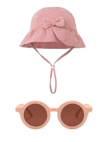 3-12个月 2顶装 新款婴儿纯棉盆形帽 蝴蝶结遮阳帽 带护眼 纯色亲肤帽 跨境