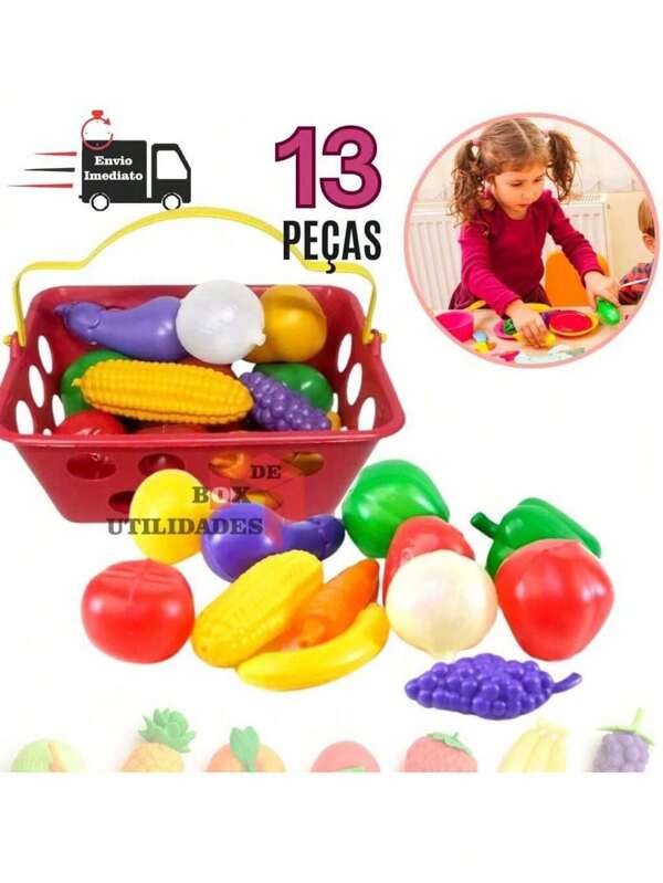 Kit 13 pçs Cestinha Mercado De Brinquedo  Frutas e Legumes + Cestinha e  Faz De Conta Cozinha