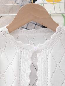 Young Girl Essentials White Rhombus Knit Cardigan, Hollow-Out Design - White - View 2