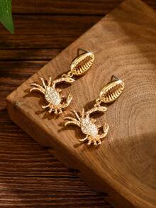 2 件时尚经典海洋派对人造珍珠镶嵌红珊瑚镀金珊瑚蟹和海星天然贝壳 DIY 手工首饰，多种款式可选，适合女性在度假、派对、返校季和其他节日佩戴的耳环 - 小螃蟹鑲鑽耳環 - 查看 4